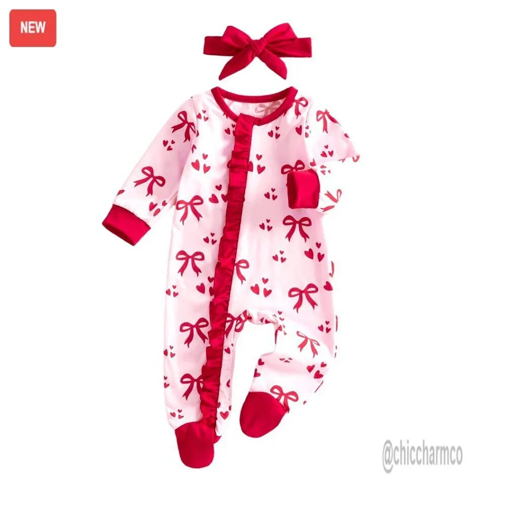 Newborn Heart Bow Footie Jumpsuit Ruffle Zipper Romper Easter Baby Girl Outfit